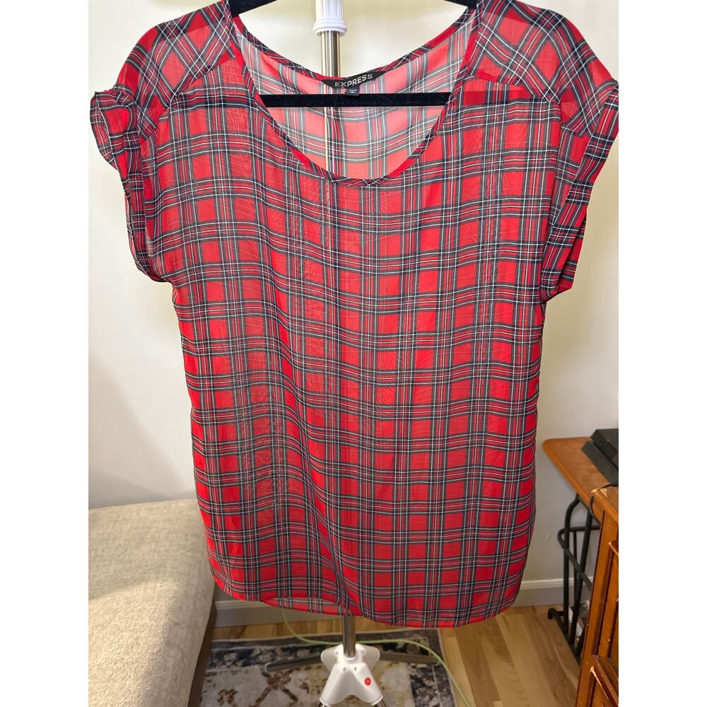Express Sheer Red Plaid Round Neck Pullover T-Shirt Loose Look Women's Size S